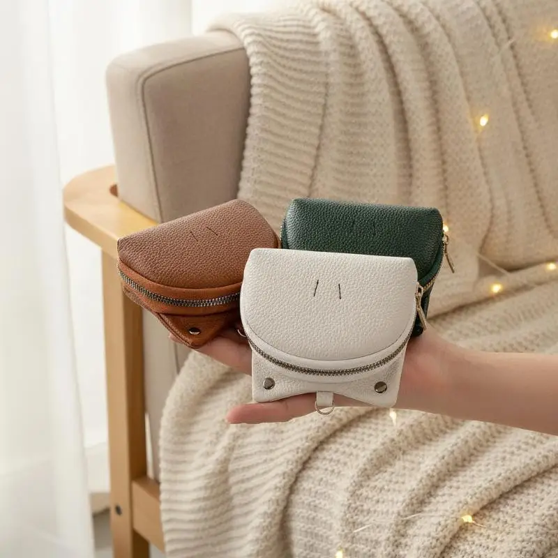 Mini PU Leather Coin Purse Cute Cat Ear Pattern Durable Anti-scratch Zipper Pocket Portable Wallet for Outdoor Commute Use