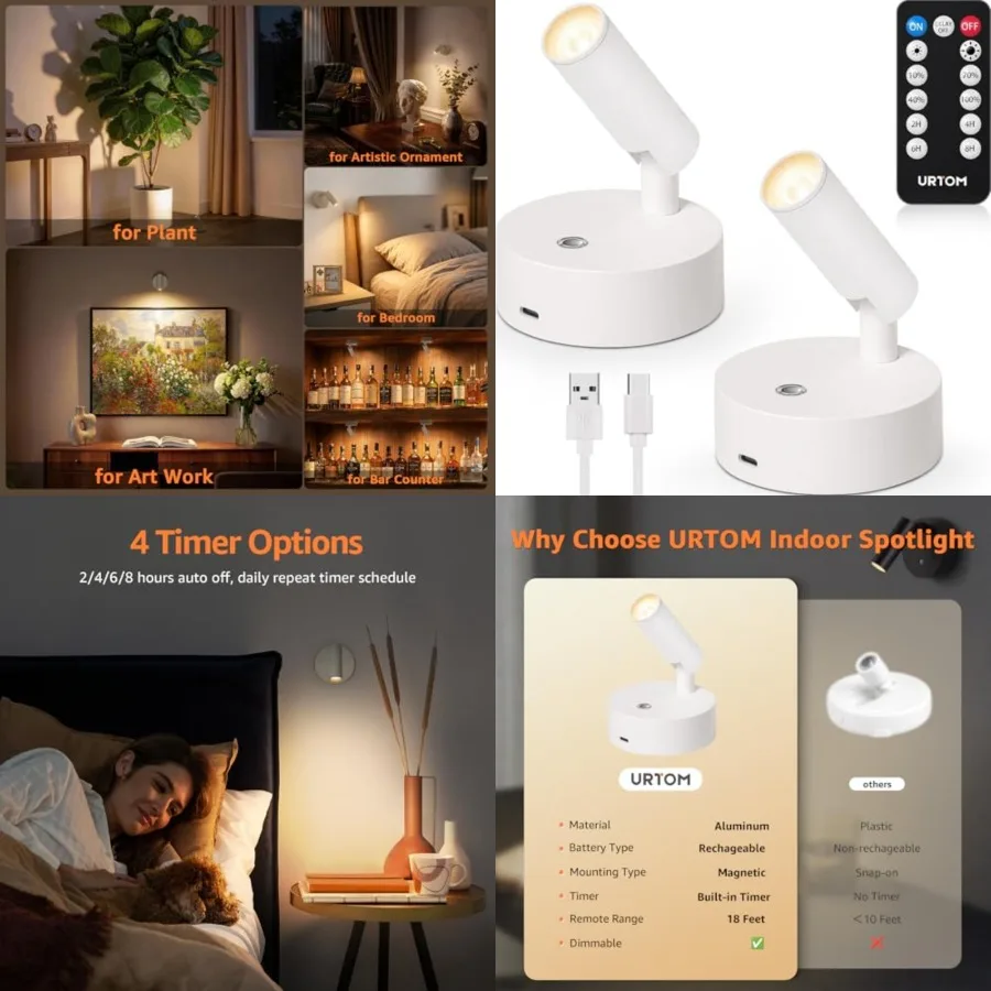 

Wireless LED Spotlights Indoor with Remote Rechargeable Picture Lights Uplighting Indoor Dimmable Warm White Accent Lighting Ba