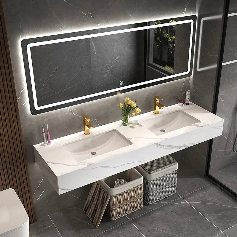 Modern light luxury rock slab integrated double basin bathroom cabinet combined toilet