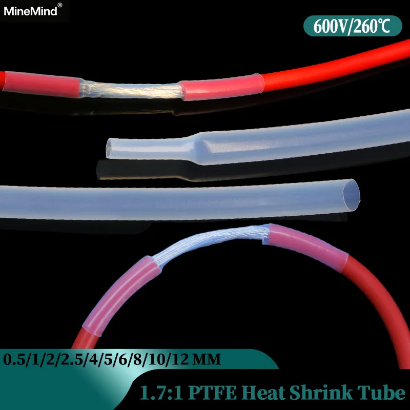 1.7:1 PTFE Heat Shrink Tube 0.5/1/2/2.5/4/5/6/8/10/12mm High Temperature 260℃ Shrinkage Tubing For Wires 600V Transparent 1~10M