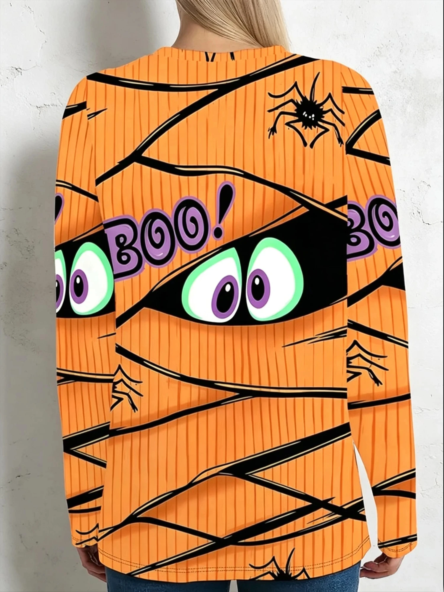 Damen-Halloween-T-Shirt, Rundhalsausschnitt, lange Ärmel, orange, Mumienauge, Boo-Buchstaben-Print, lockere Passform, Halloween-Freizeit- und Alltagsmode. – Detail 4