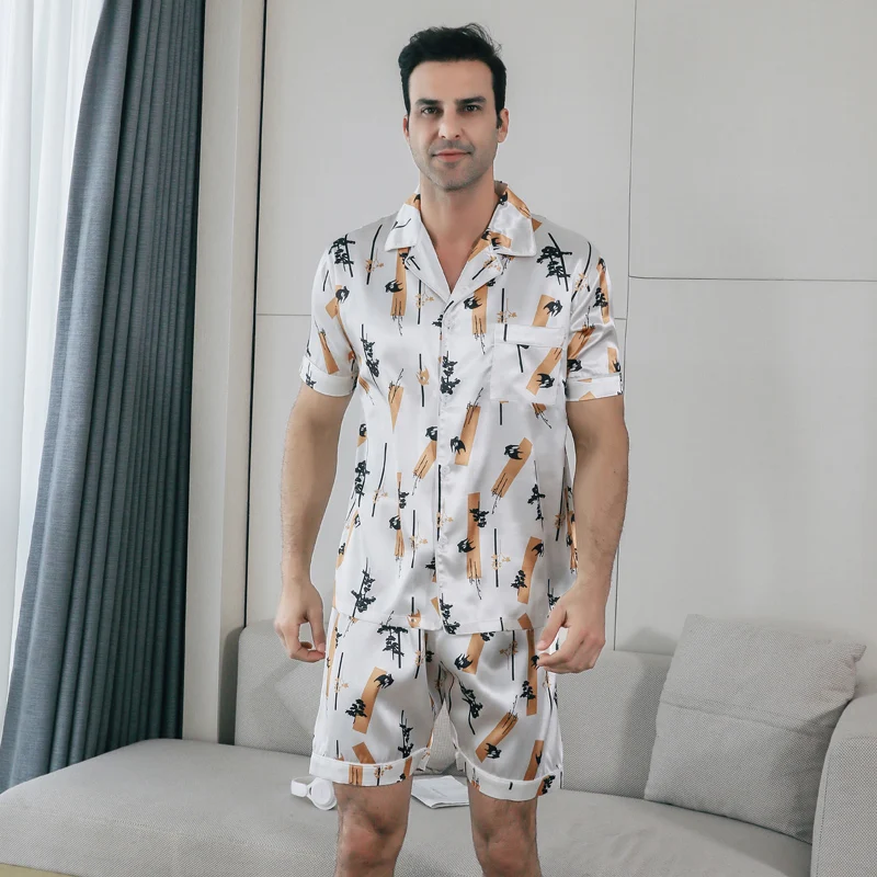 Men's pajamas short sleeved summer ice silk home clothing men's summer casual thin cardigan can be worn as a set home clothing