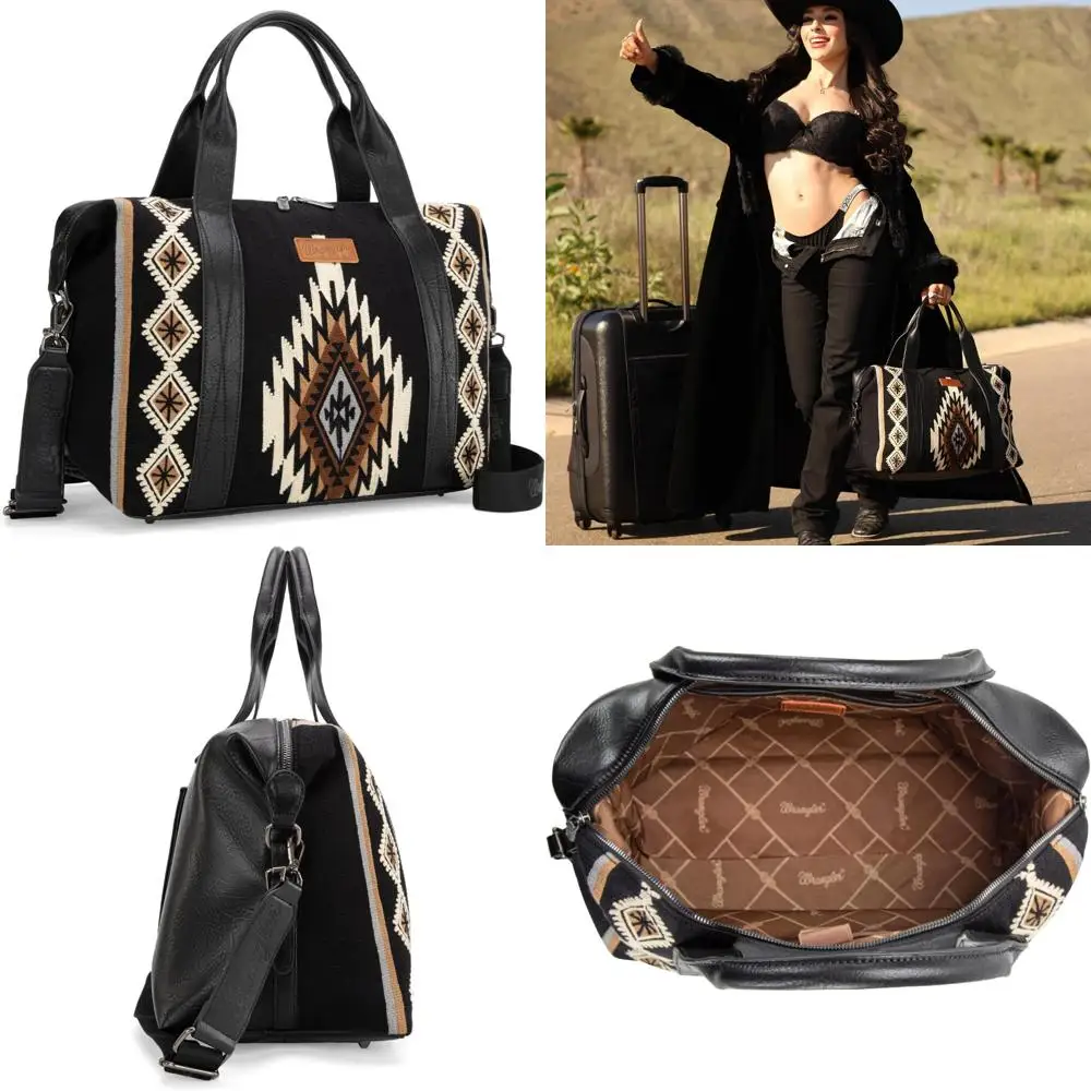 

Large Women's Weekender Duffel Bag - Designer Tapestry Travel Carry-On Luggage in Black