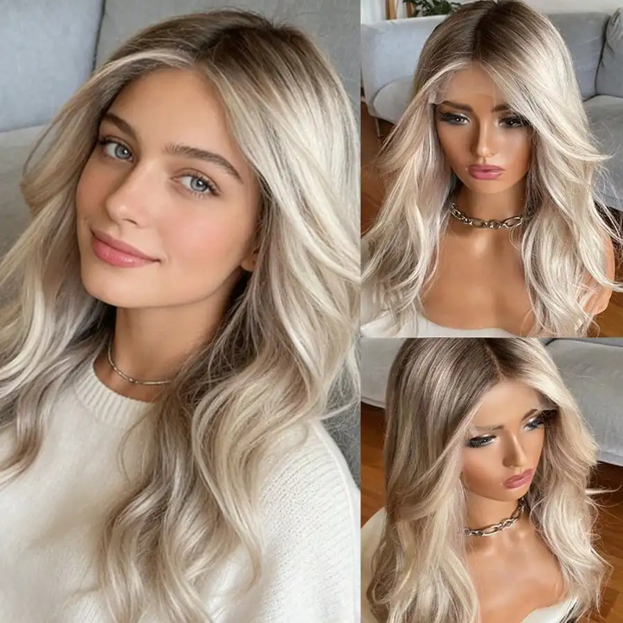 22 Zoll 2026 Ombre Platin-Aschblonde Synthetische HD Lace Front Perücke für Party, Alltag und Cosplay – Vorgezupfter Haaransatz, Klebefrei, 13x4 Lace Wig