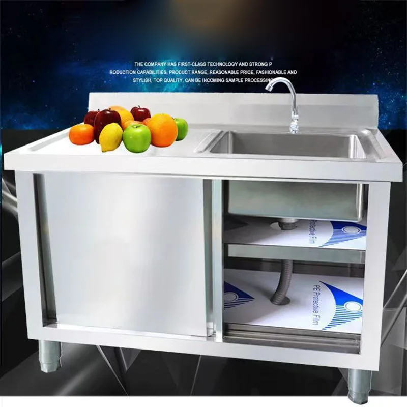 Stainless Steel Vegetable Sink, All-in-One Kitchen Sink and Storage Cabinet, Single-Basin Drainboard Cabinet, Adjustable Feet view 3