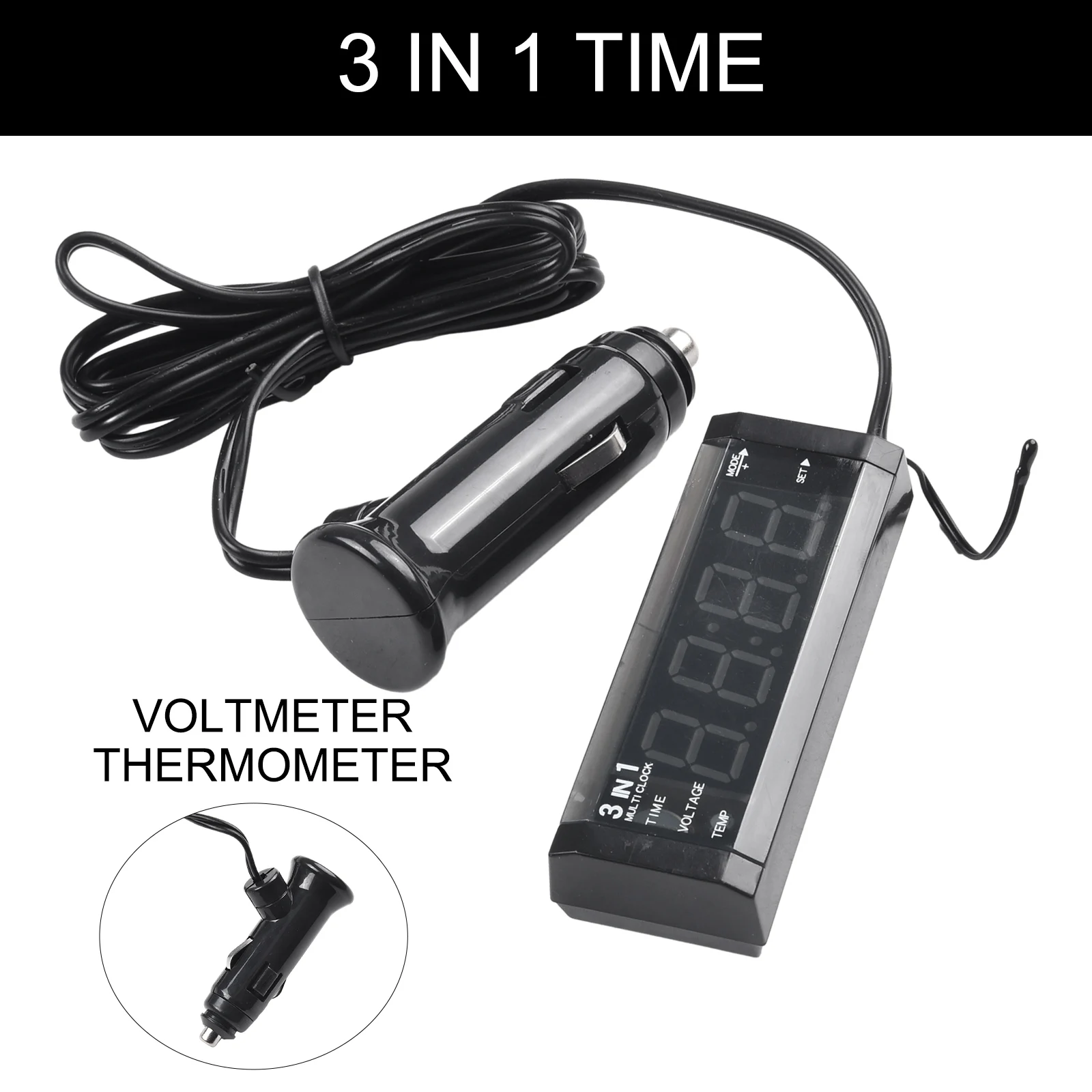 3-In-1 12V Car Kit LED Thermometer + Monitor Voltmeter + Digital Display Clock Built-in Rechargeable Battery For Saving The Sett