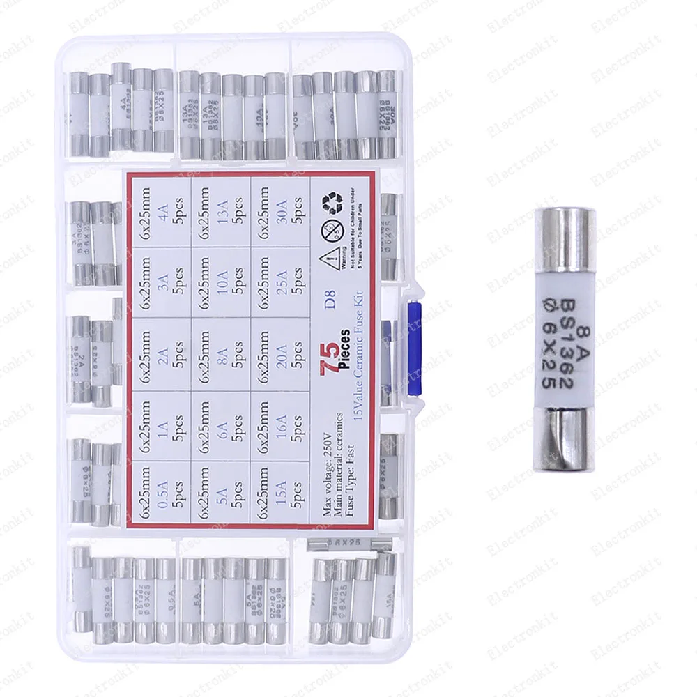 Surtido de fusibles de cerámica de soplado rápido, caja de mezcla de 0,5a, 1A, 2A, 3A, 4A, 5A, 6A, 8A, 10A, 13A, 15A, 16A, 20A, 25A, 30A, 75 piezas, 15 valores, 6mm x 25mm, 250V