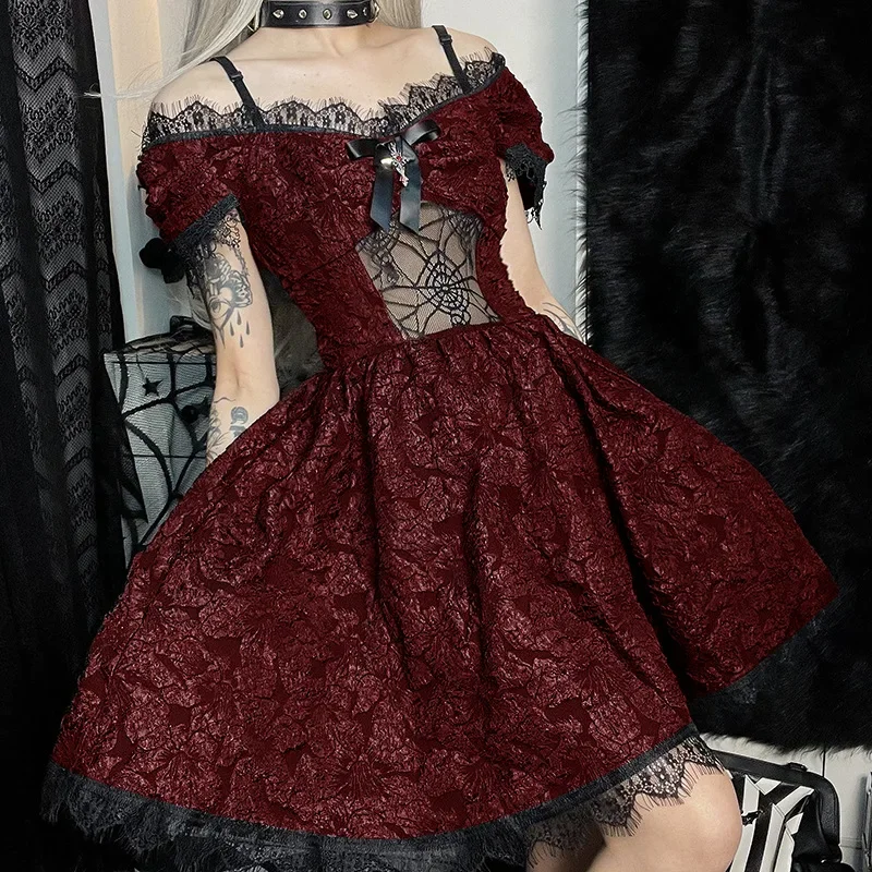 Gothic Vestidos Harajuku Grunge Jacquard Lace Partywear New Dark Lolita Dress Halloween Mall Women Mesh Sexy A-Line Dresses