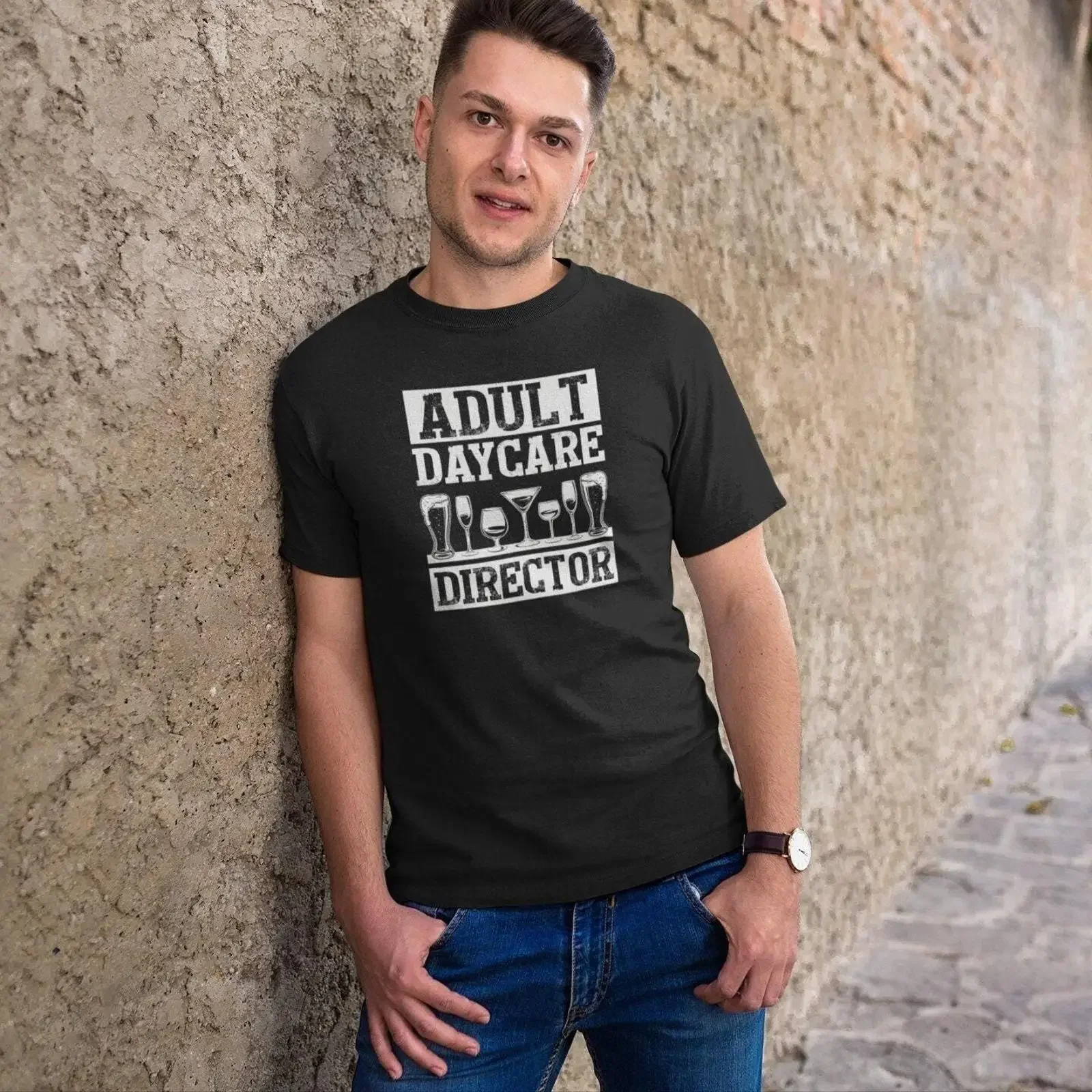 Adult Daycare Director Funny Bartender T Shirt Alcohol Lover Drinking for Barmen  vintage Washed fashion Casual Stretched Soft