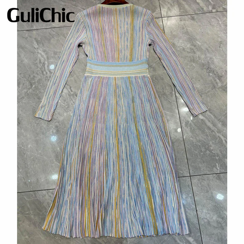 1.5 GuliChic Knitted Rainbow Color V-neck Long Women\'s Dresses Holiday Elegant Casual Slim Printed A-line Clothing Autumn