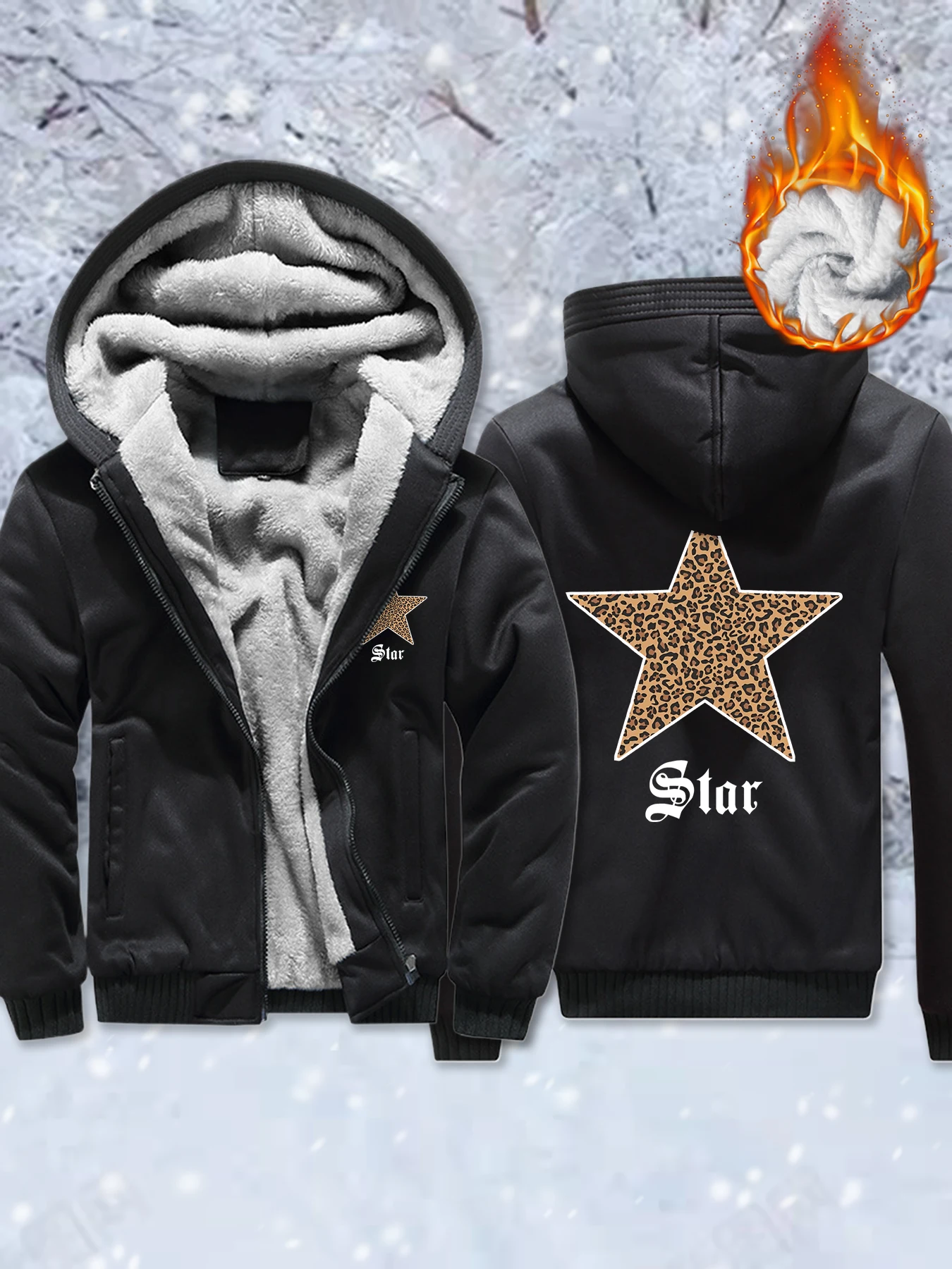 

Creative Leopard Print Star Printing Men Thicken Jacket Winter Fleece Coat All-Match Casual Sportswear Oversize Zipper Hoodies