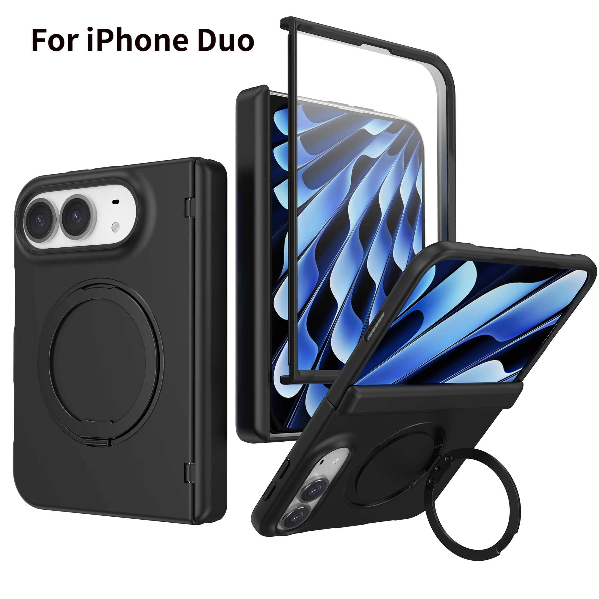 Full body protection foldable phone case For iPhone Duo built-in magnetic hinge cover 360 ° rotatable ring bracket anti-drop cas