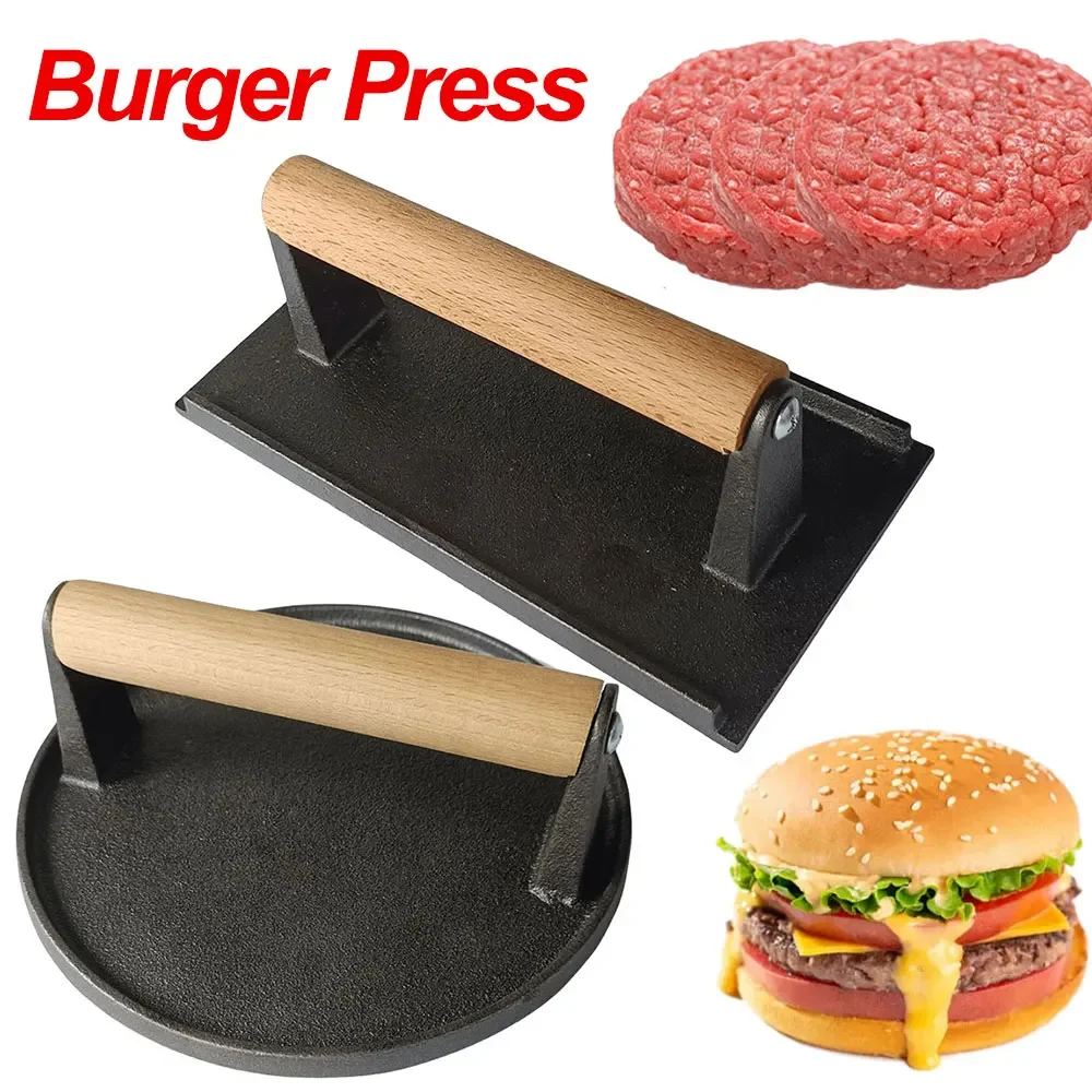 Cast Iron Burger Smasher Rectangle Hamburger Press with Wood Handle Thickened Heavy Cast Flat Iron Steak Press Kitchen Tool