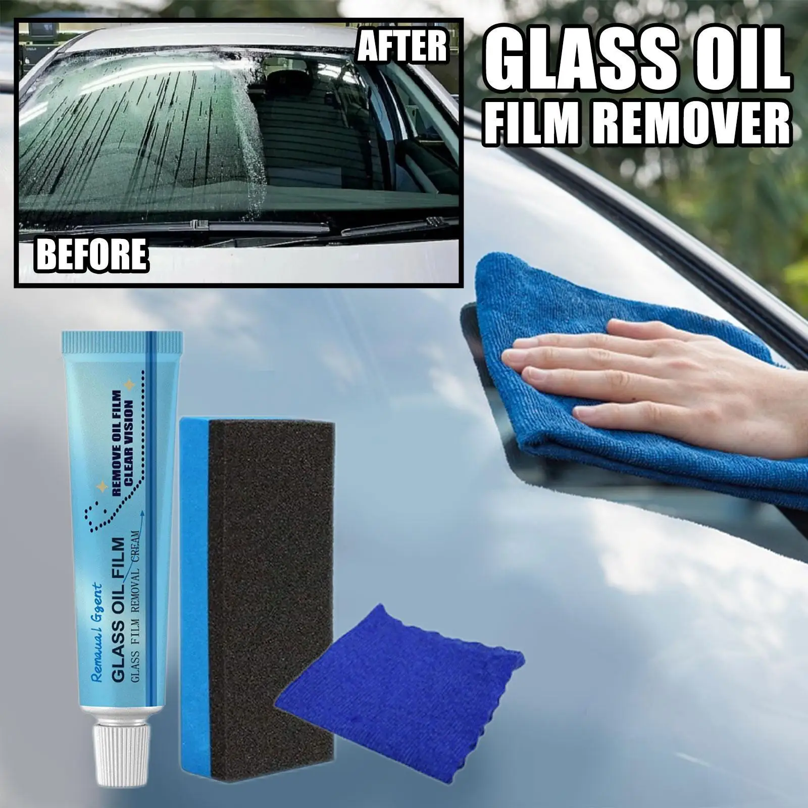 Nettoyant de film d'huile de fenêtre de voiture, dissolvant d'huile, verre de voiture, tache, caractéristique de protection, auto, huile de pare-brise, nettoyant SAF avec éponge