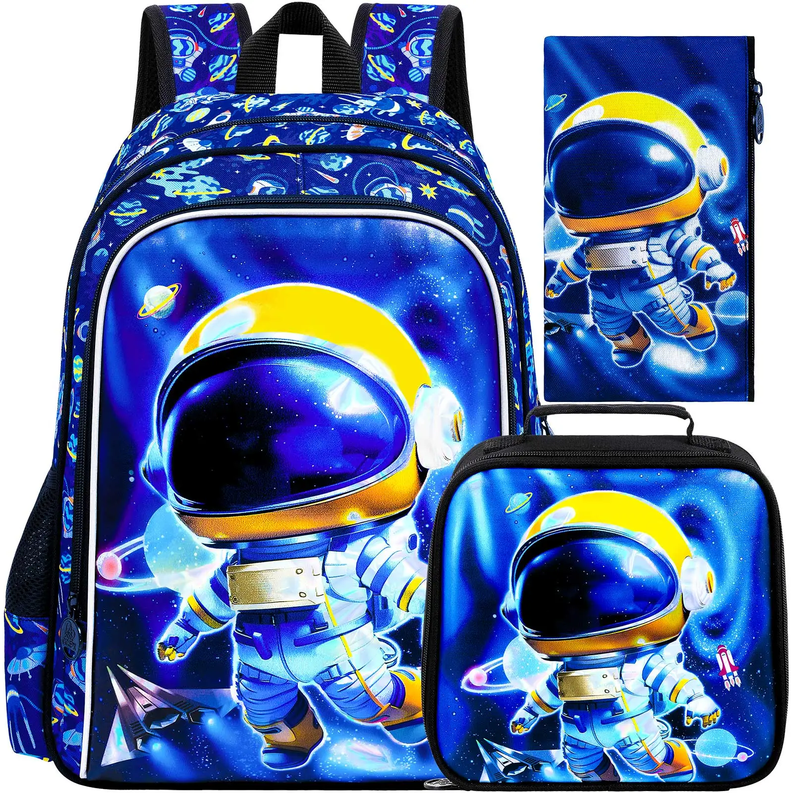 

3PCS Yellow hat astronaut Backpack for Boys, 16" Kids Bookbag and Lunch Box, Preschool Backpacks for Elementary