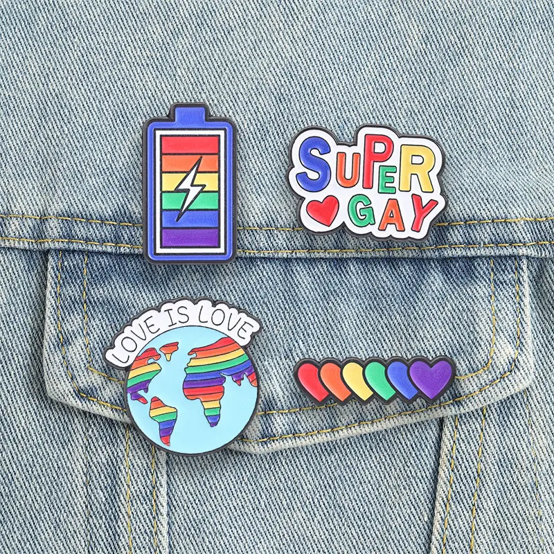 LGBTQ Enamel Pins Rainbow Pride Parade Brooches Love Is Love Earth Heart Battery Badges Super Gay Jewelry Equality Support Gift