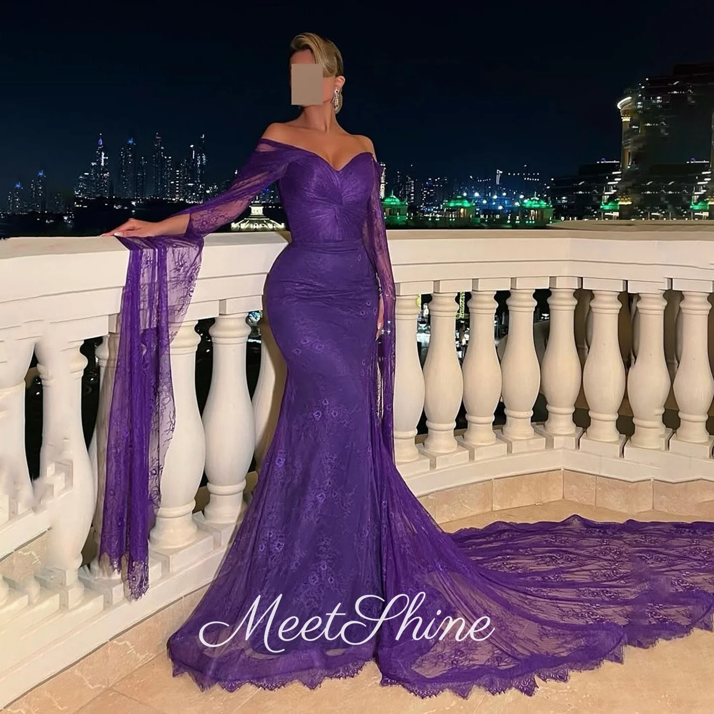 

Дубай Фиолетовый Кружева с открытыми плечами Русалка فساتين 미lj Vintage с длинными рукавами, элегантные платья по индивидуальному заказу