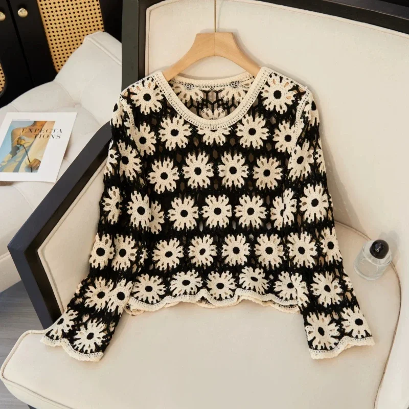 Daisy Floral Crochet Knit Top Hollow-out Scalloped Hem O-neck Lace Blouse for Women Spring Summer Vacation Cottagecore Boho