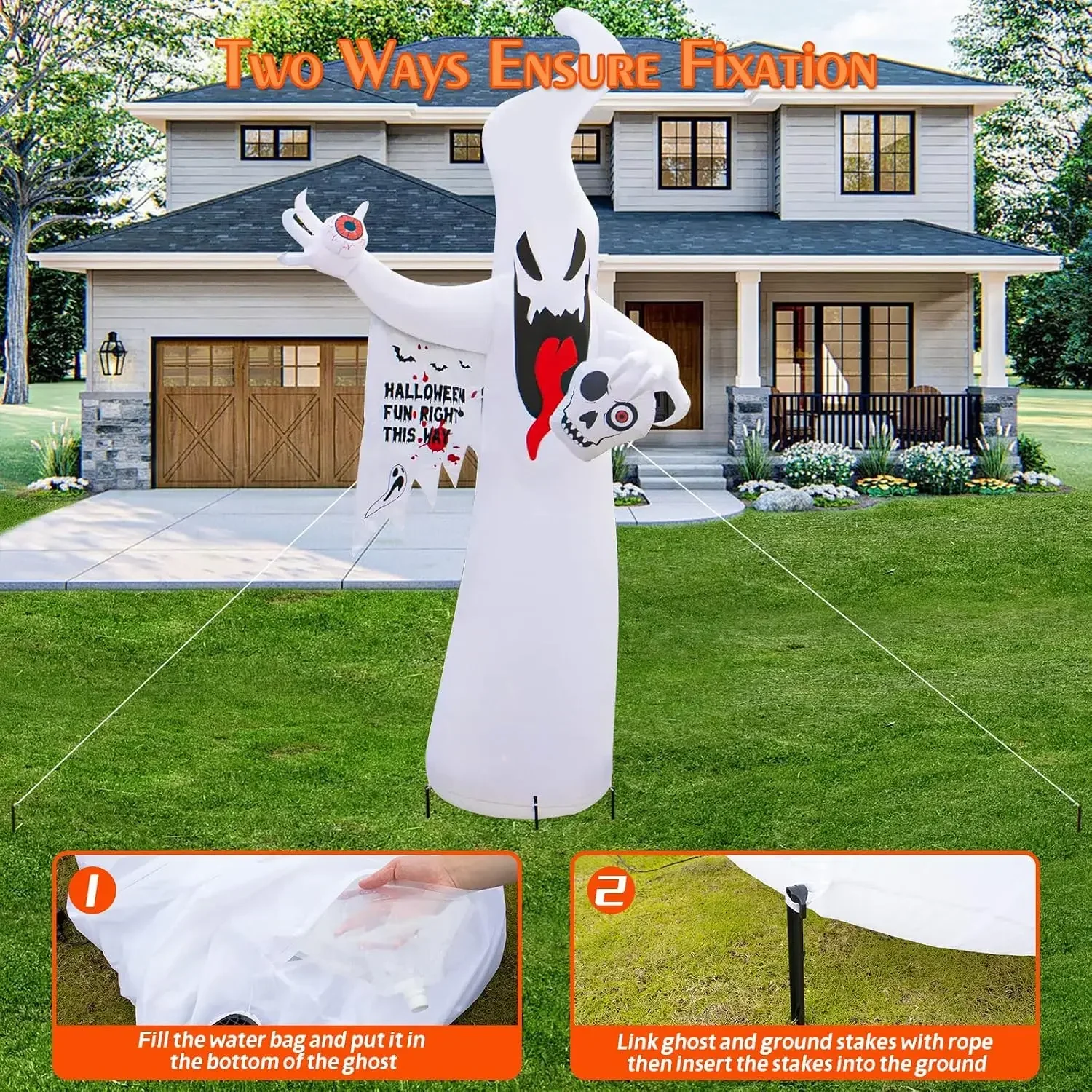 Outdoor Holiday Party DIY Yard Lawn Decoration 8FT/2.4M Halloween Inflatable Model Ghost Equipped with Built-in LED Light