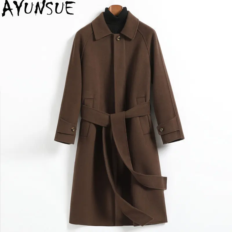 AYUNSUE 100% Wool Trench Coats for Men Winter High Quality Double-sided Woolen Jacket with Belt Fashion Loose Long Wool Coat