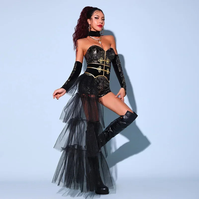 2023 สไตล์จีนชุดเต้นรําแจ๊สสําหรับผู้หญิงสีดําตาข่ายผลกําไรในรอบชุดกระโปรงไนท์คลับบาร์ Dj Gogo นักเต้นเสื้อผ้า DQS13038