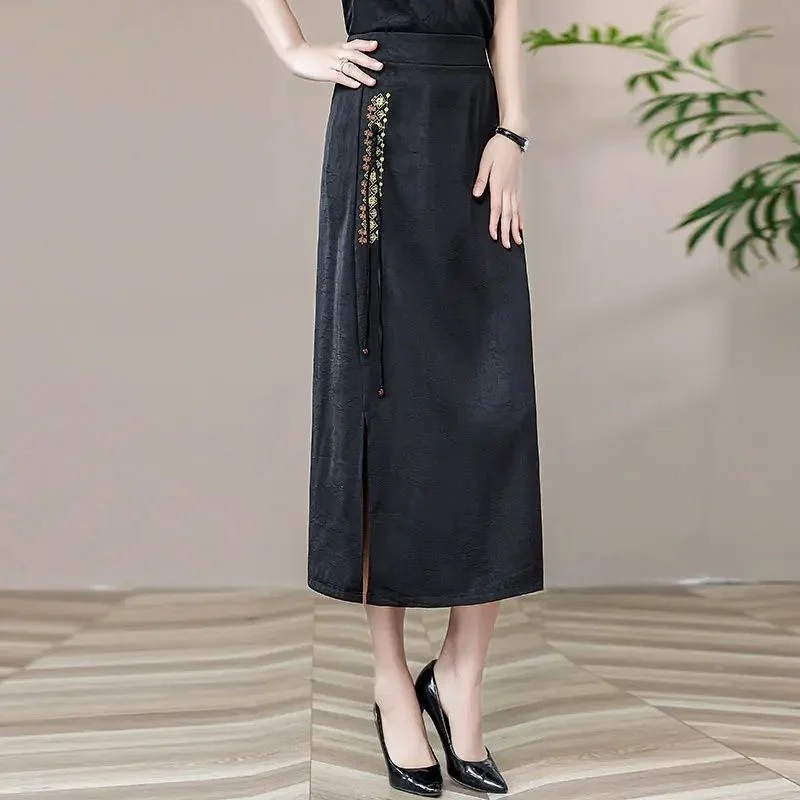 

Элегантная женская юбка большого размера с вышивкой и разрезом, в новом китайском стиле, весна-лето, новинка