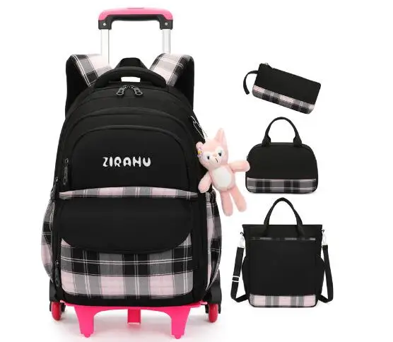 Mochila escolar con ruedas para niña, 5 unidades/juego con bolso, bolsa de almuerzo, mochila escolar con ruedas, conjunto de bolsa con carrito escolar para niñas