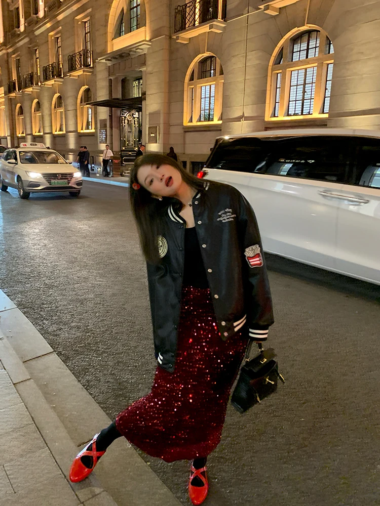 iny Pailletten A-linie Rock frauen Herbst Winter Neue Design Sensation Kleine Cro Rock Koreanische Sle Pendeln Reine Farbe