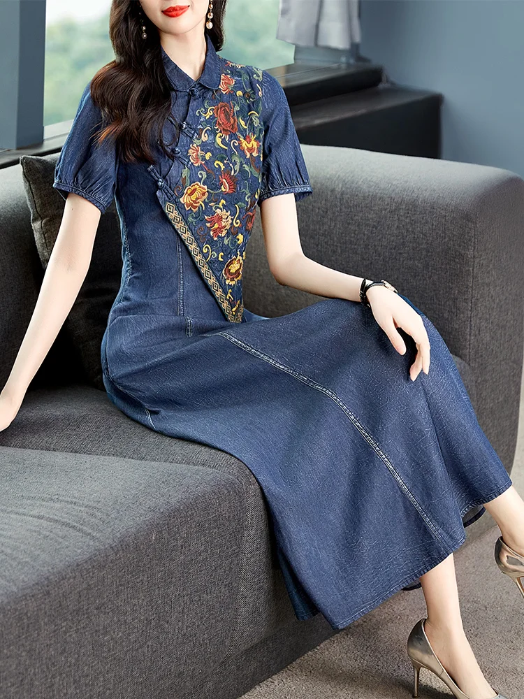 TIYIHAILEY Women Long Mid-Calf Short Sleeve Denim Summer Dress Embroidery Chinese Style Cheongsam Turn Down Collar Ladies 2025