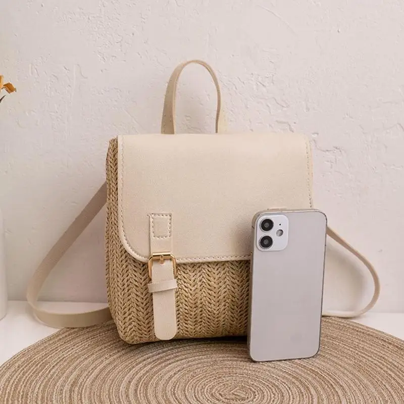 X90d Frauenstroh gewebter PU Leder -Rucksack Bobo Beach Rucksack Small Rucksack