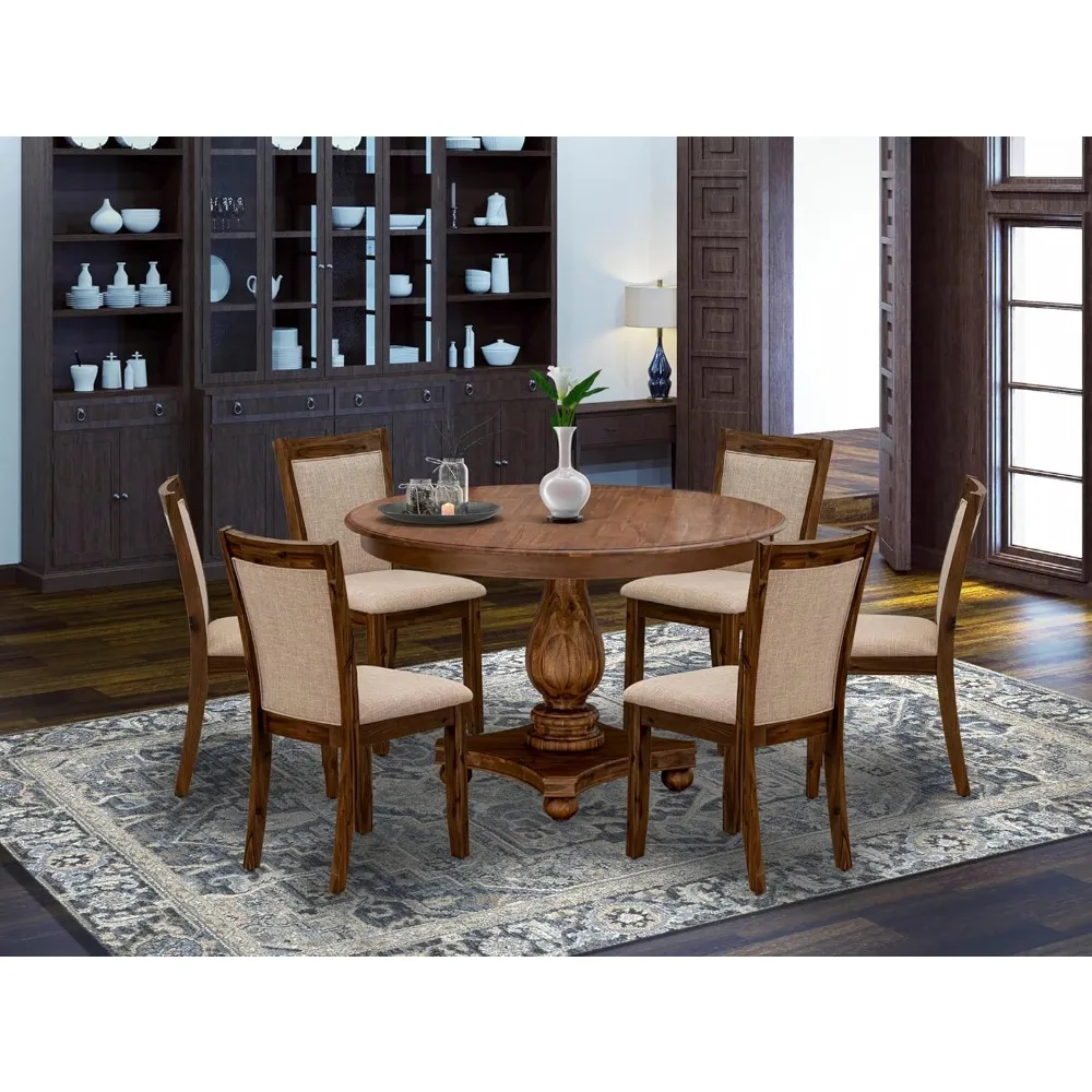 f2mz7-n04 7 piece dining room furniture set consist of a round dining table with pedestal and 6 light tan linen fabric upholste