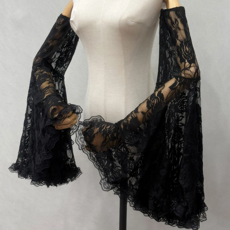 Black Lace Detachable Flared Sleeves Bridal Mesh Arm Cover Long Fingerless Gloves Women Lolita Cosplay Party Costume Accessories