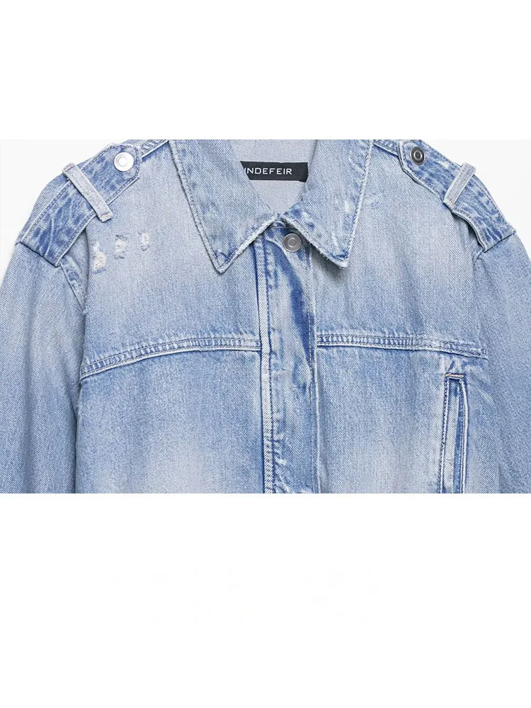 Hh mulheres outono vintage denim jaqueta feminina moda mangas compridas lapela com bolsos com cinto causal solto estilo de rua casacos
