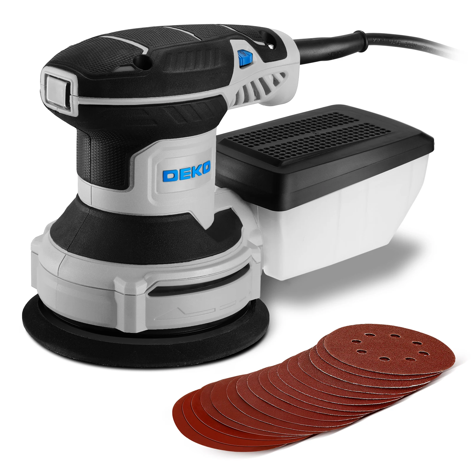 DEKO 14000 RPM 16 stuks schuurpapier 125 mm 300 W vlakschuurmachine schuurpad stofafscheider voor huishoudelijk hout en staal surfen