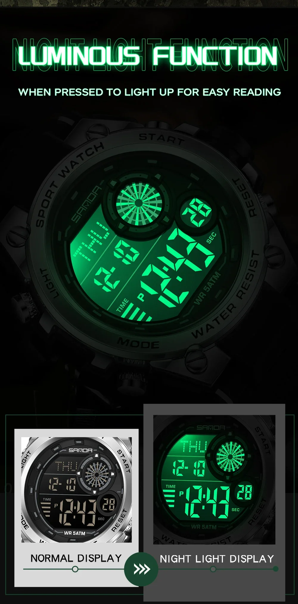 SANDA 6255 Orologio elettronico da uomo di moda Sport all'aria aperta Orologio elettronico da uomo multifunzionale impermeabile con luce notturna a LED 2025