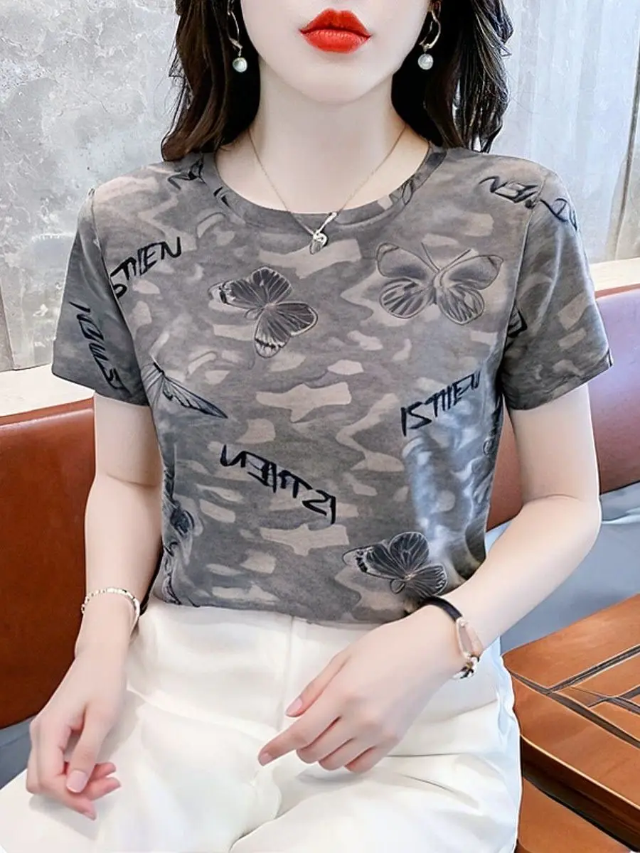 

Женская свободная футболка с коротким рукавом для мам, летняя новинка с принтом, повседневная, из смесового хлопка и полиэстера, удобная посадка, женский топ