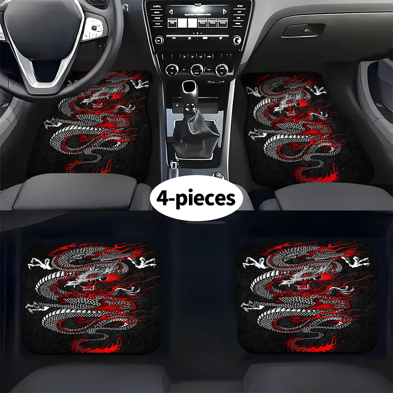 4pcs Set Of Silvery Dragon And Red Flame Print Car Floor Mats, Front And Rear Carpets, Car Interior Accessories Floor Mats, Suit