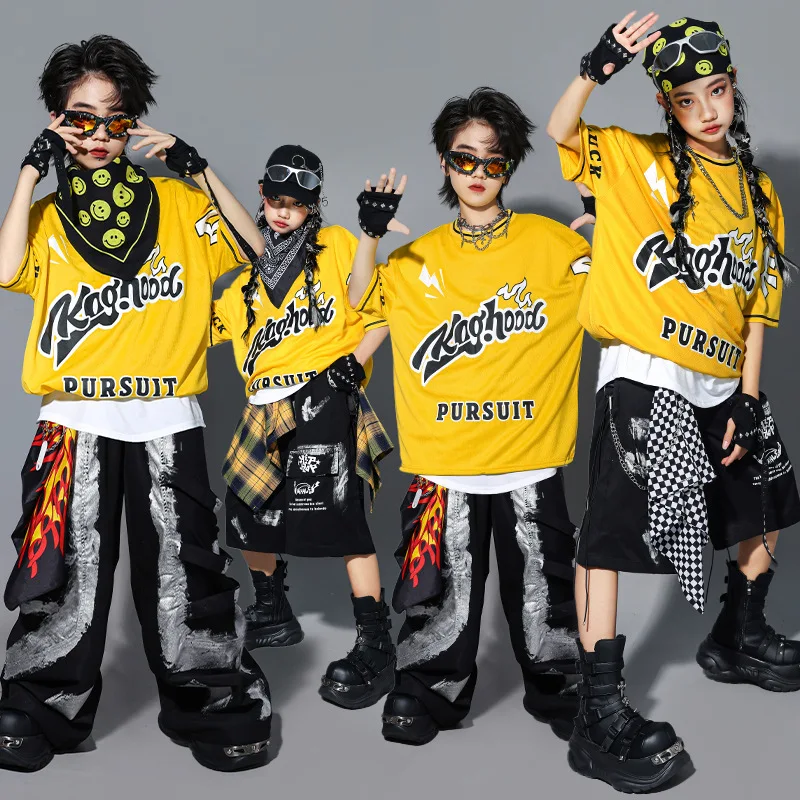 boys girls K-pop Streetwear Clothes Set Dopamine Yellow T Shirts Vest Casual Cargo Pants Children Hip Hop Jazz Dance Outfits