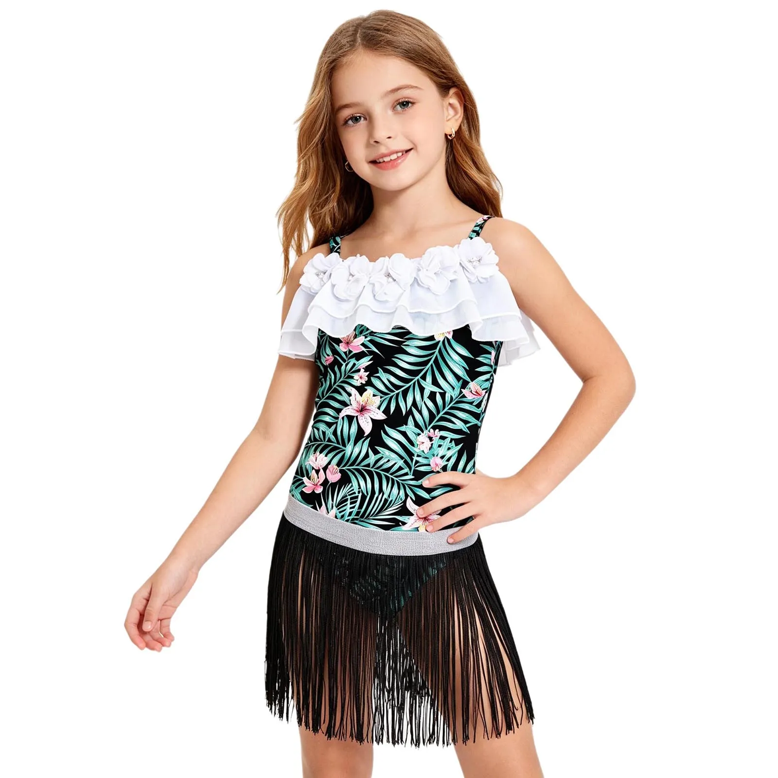 

Kids Girls 2PCS Swimsuit Spaghetti Strap Artificial Flower Bathing Suit with Tassel Skirt Cover Ups Swimwear for Beach Holiday