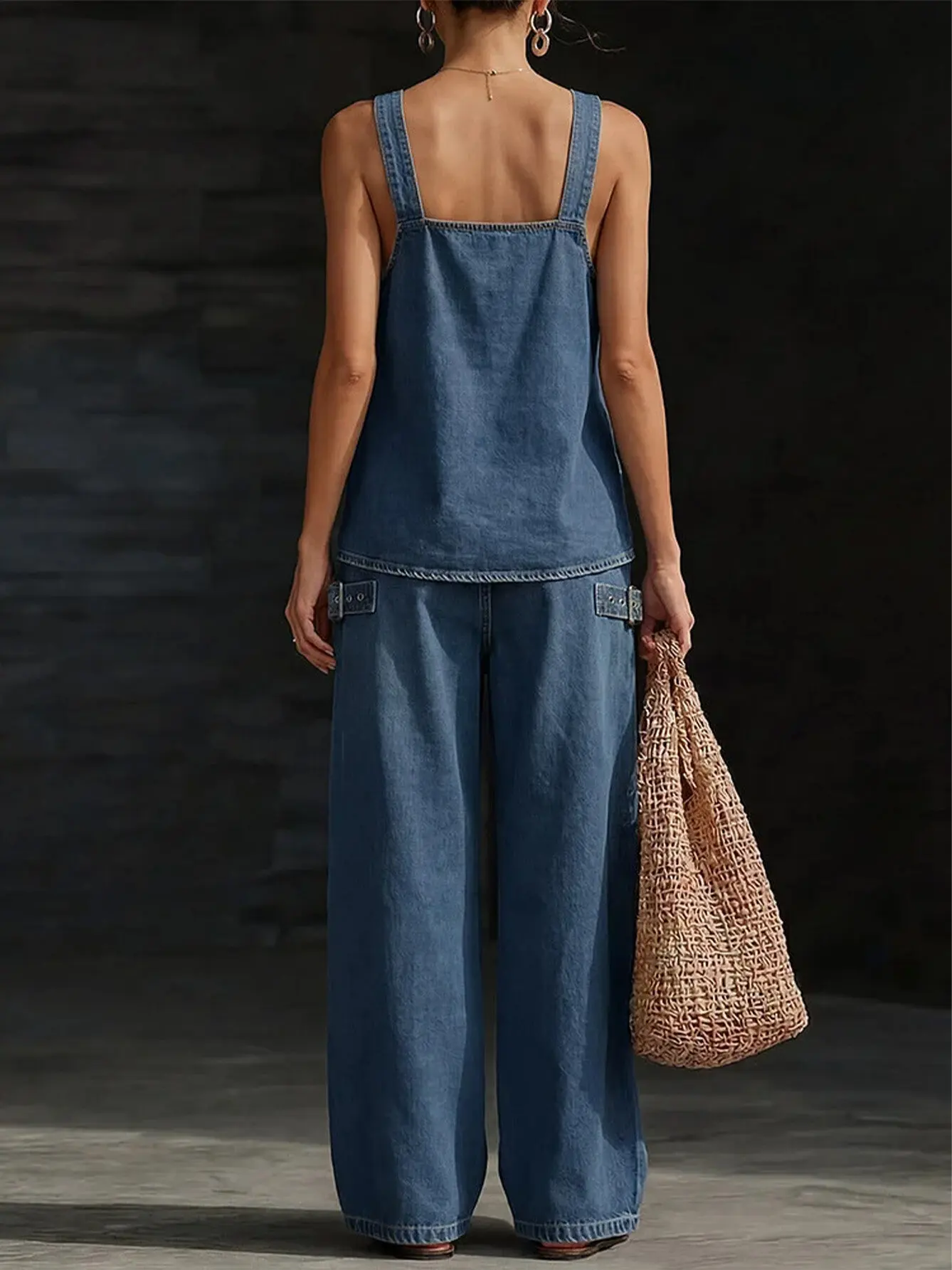 Women Non-Denim Sling Top & Wide Leg Pants Set, Adjustable Strap Tank + Buckle Decor Loose Trousers, Casual Denim Style - view 2