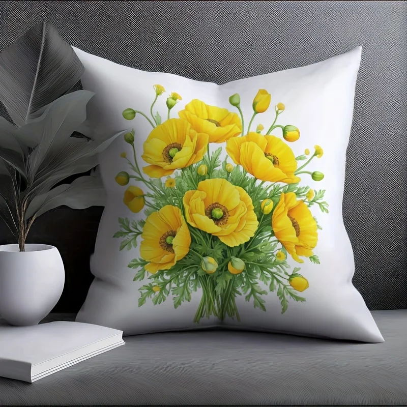 Yellow Flower Pattern Double-Sided Pillow Cover, 1pc Floral Decorative Cushion Case for Sofa, Bed, Living Room and Home Decor