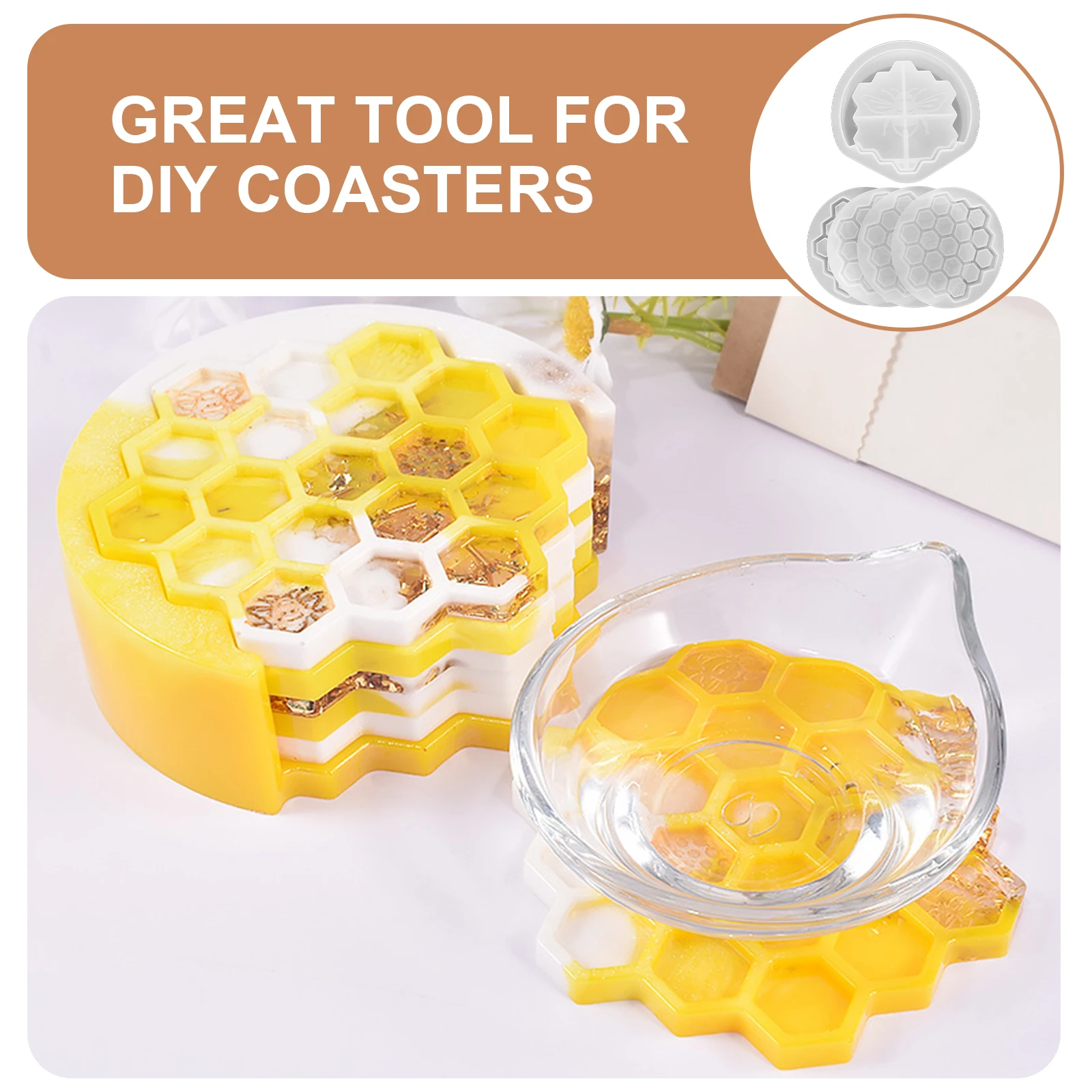 

1Set Honeycomb Cup Coaster Mold Silicone Non-Slip Drink Protector Heat Resistant Table Mat Set for Hot Cold Beverages with Stand