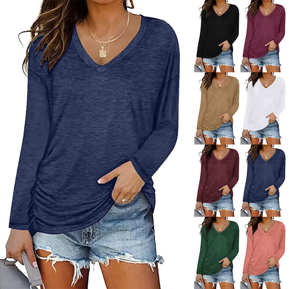 

Women's V-Neck Shirred Long-Sleeved T-shirt, Loose Casual Top, Monochromatic, Fall, Winter