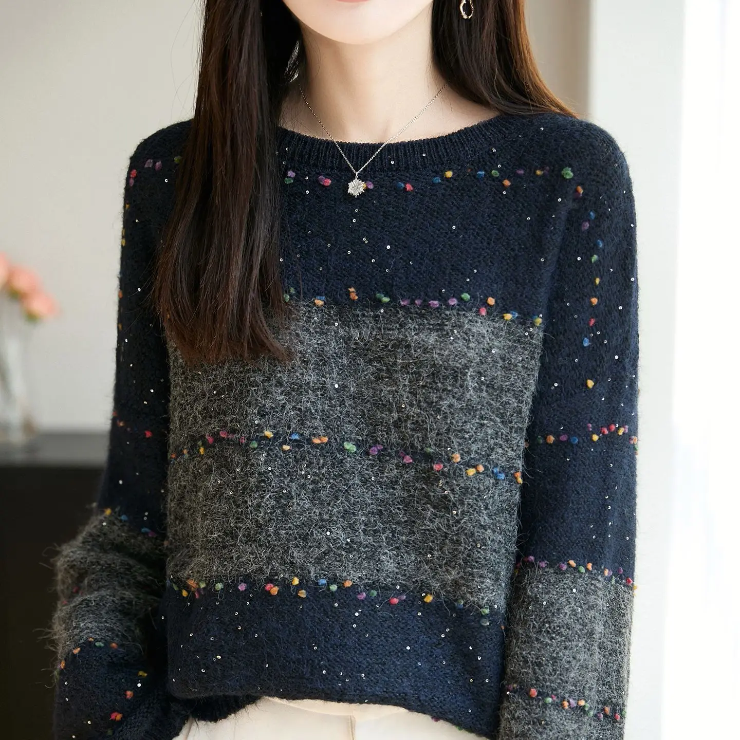 

Вязаный свитер с цветными блоками, женский осенне-зимний новый толстый пуловер, свободный топ с круглым вырезом