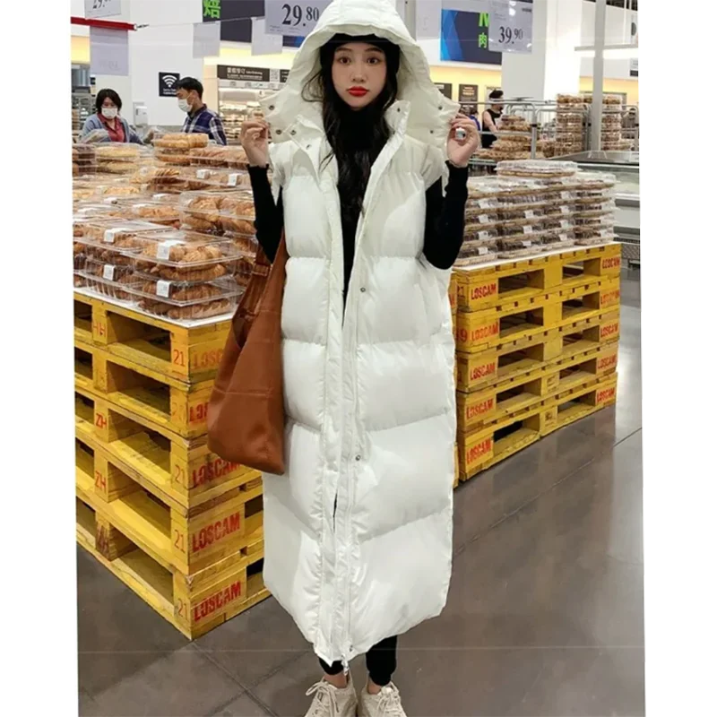 Herbst Winter Weibliche Lange Puffer Weste Ärmel Unten Baumwolle Mantel Frauen Lange Weste Koreanische Kapuze Puffer Weste Parkas Jacke