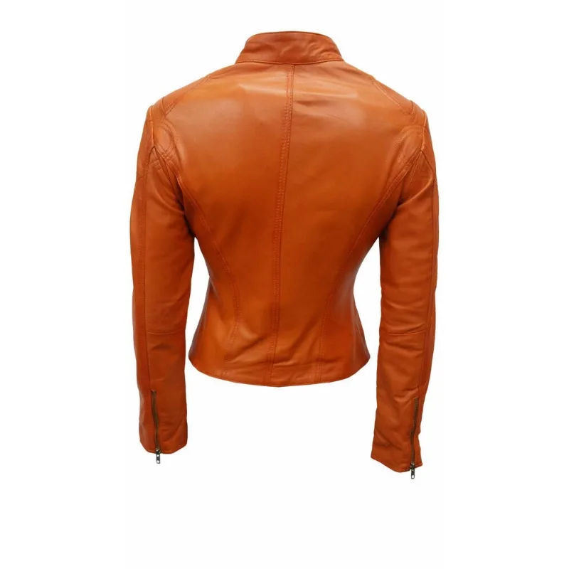 Abrigo de piel de cordero 100% para mujer, chaqueta naranja ajustada para motorista