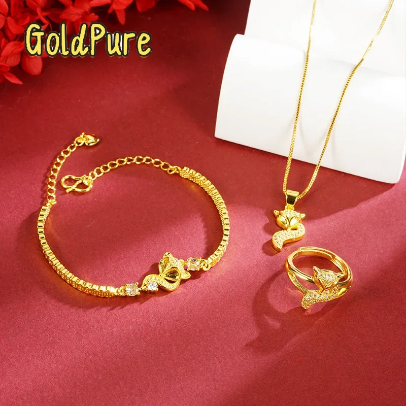 

Золотой набор Goldpure Luxury 24K 9999 из чистого золота: колье, браслет и кольцо с изображением лисы для женщин.