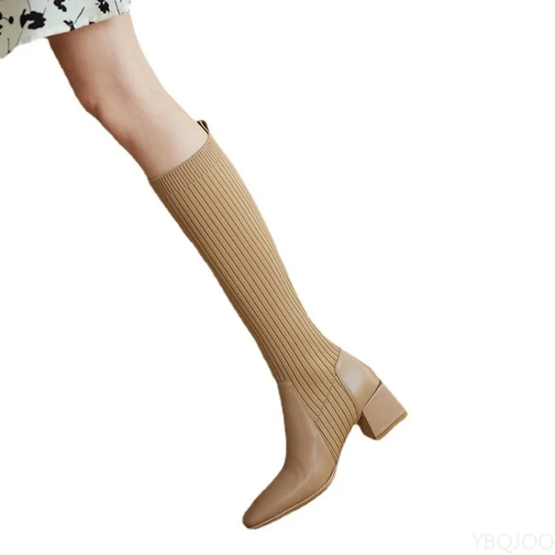 Socks boots elastic retro women's autumn winter thick heel mid heel knit simple comfortable temperament women's long boots view 6
