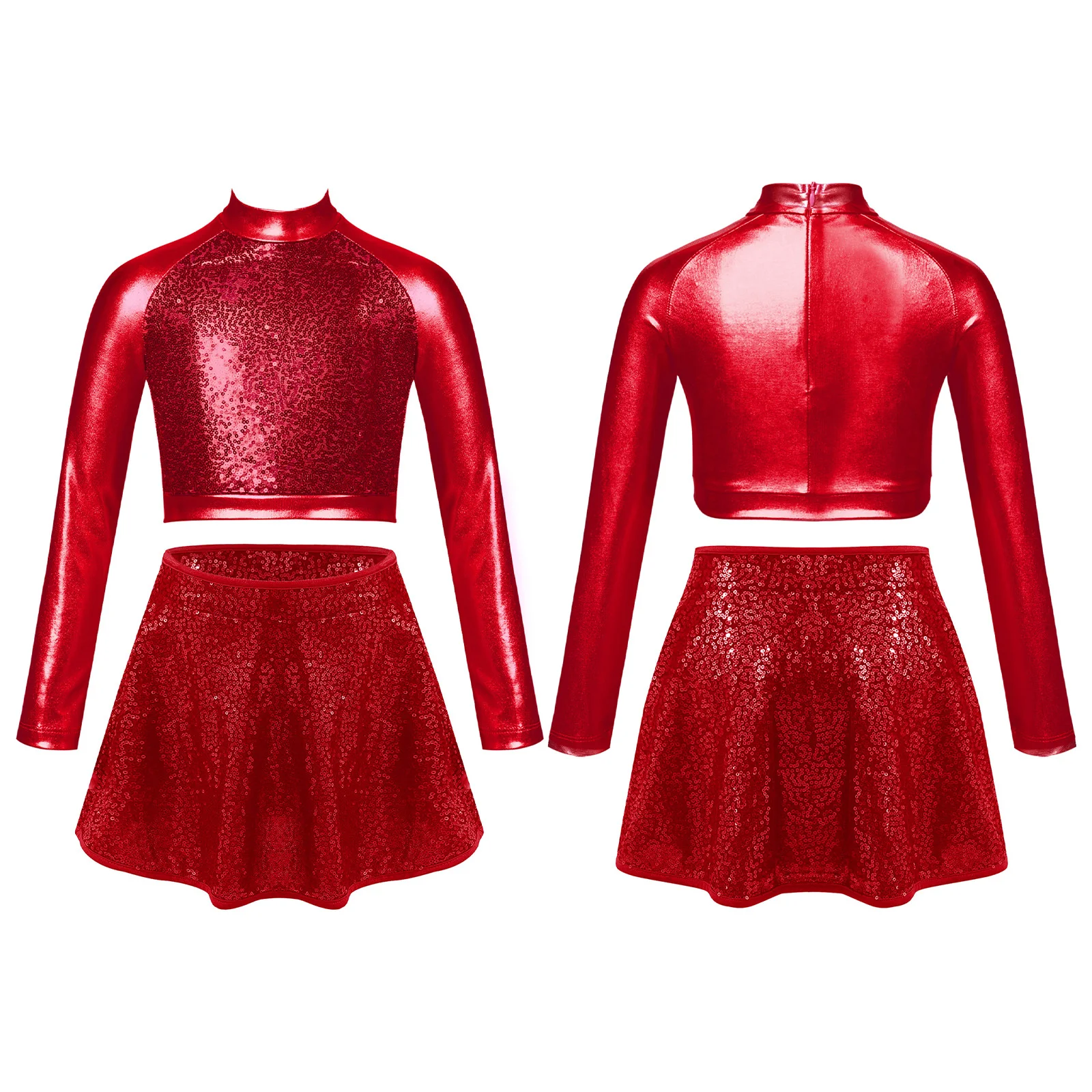 

Girls Jazz Latin Ballet Dance Costume Mock Neck Long Sleeve Front Sequin Crop Top with Shiny Sequins Adorned Skirt