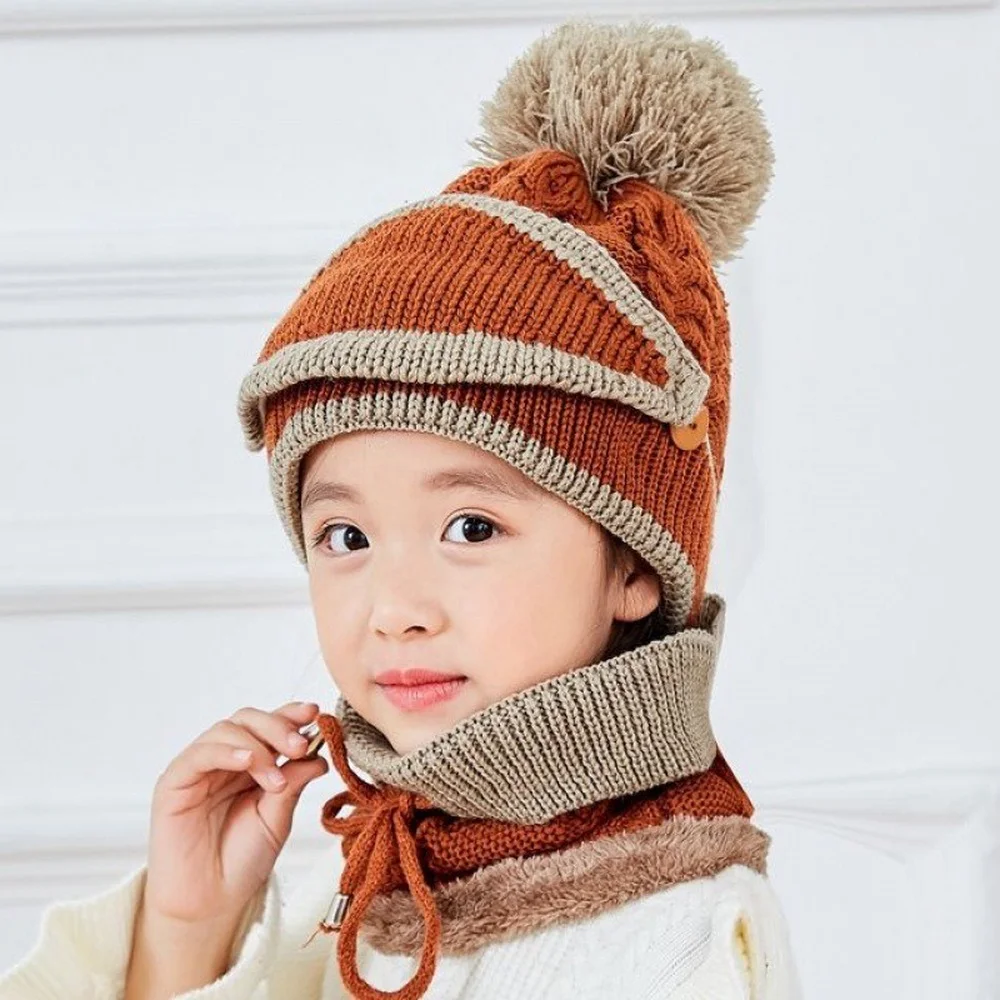 Two-piece suit Winter Knitted Beanie Hat Mouth Neck Warmer Set for Girls Boys Kids, Warm Fleece Lined Ski Caps with Pompom 3-12Y